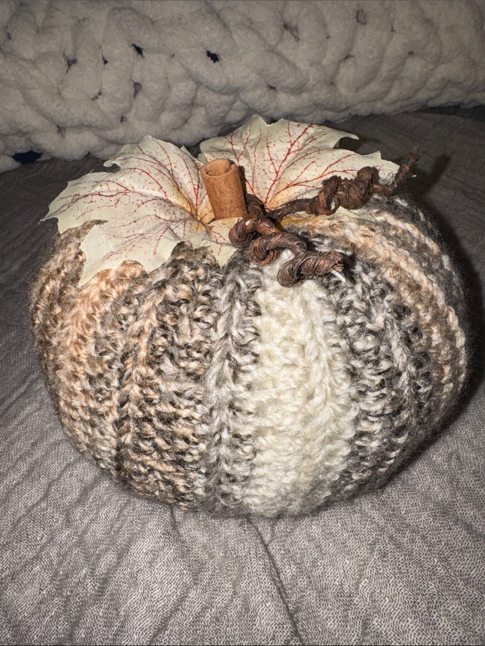 Handmade Neutral Knit Pumpkin Home Accent